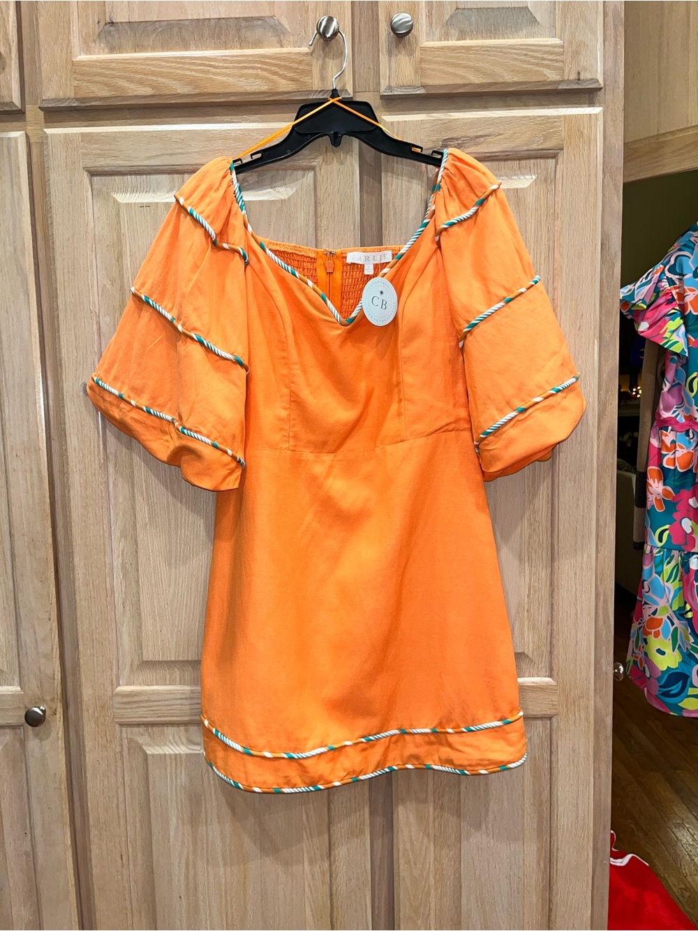 Karlie Orange Puff-Sleeve Sweetheart Neck Mini Dress